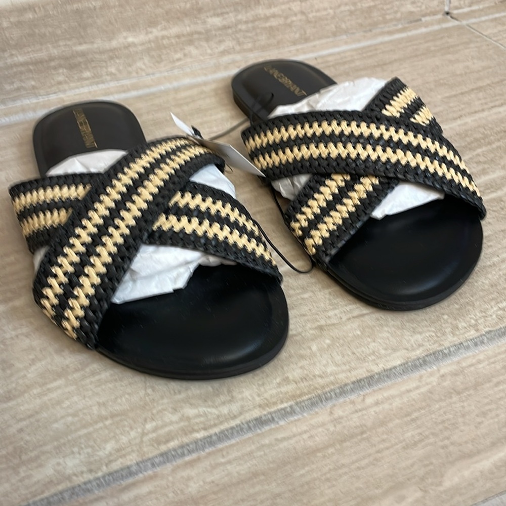 LANE BRYANT NWT Womens Size 9W Dream Cloud Criss-Cross Raffia Slide Black Tan - Picture 4 of 8